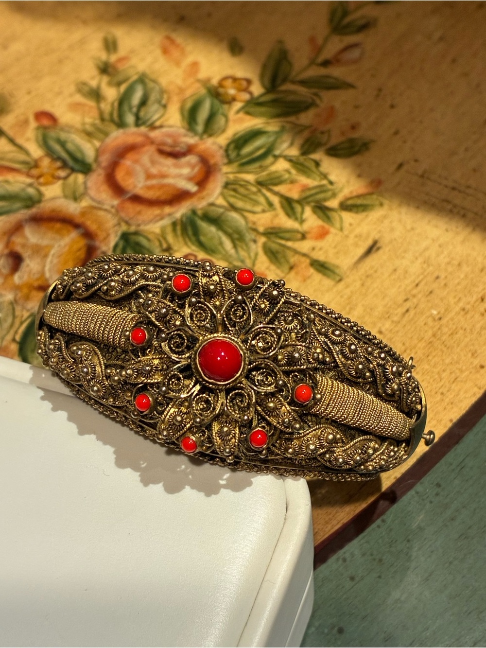 Gold Filigree Antique Bohemian Bracelet with Red Cabochons